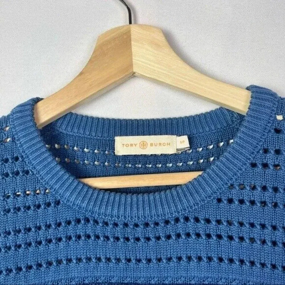 Tory Burch Baltic Sea Blue Open Knit Crewneck Pullover Sweater S - Picture 3 of 5